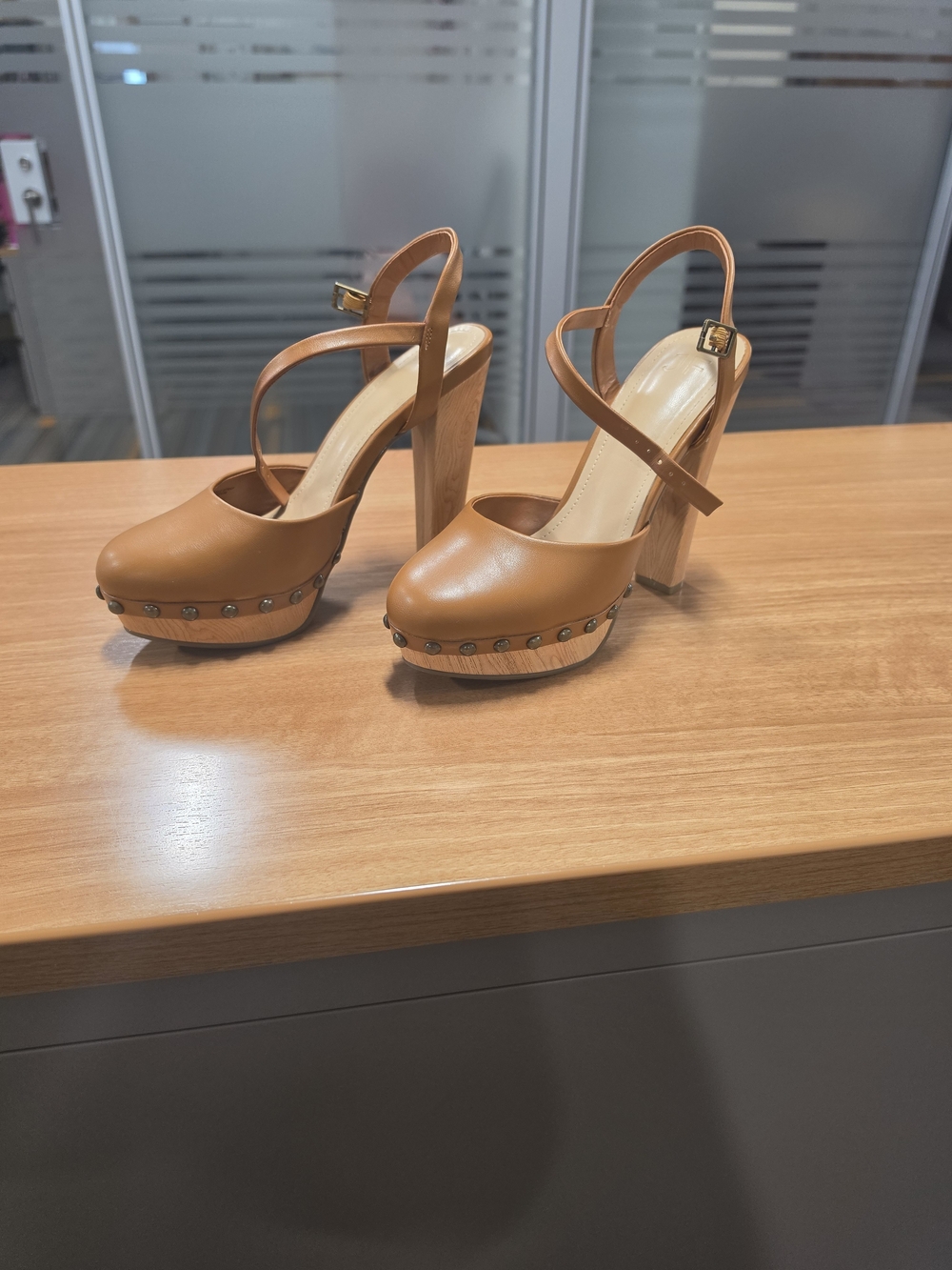Fashion Nova Cognac Platform Heel Sandals with Studded Trim